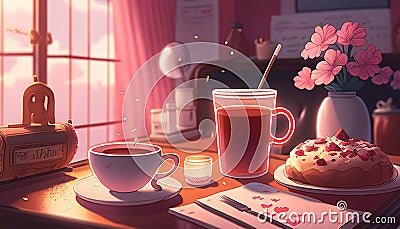 A cozy coffee date with a Valentine's aesthetic, a charming and romantic illustration for a lovely atmosphere Cartoon Illustration