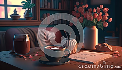 A cozy coffee date with a Valentine's aesthetic, a charming and romantic illustration for a lovely atmosphere Cartoon Illustration