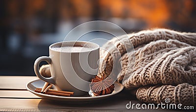 Cozy coffee shop, rustic wood table, hot latte, winter warmth generated by AI Stock Photo