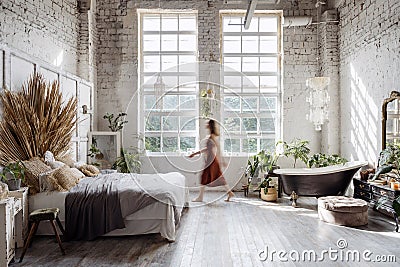 Cozy and comfortable room with interior in bohemian style Stock Photo