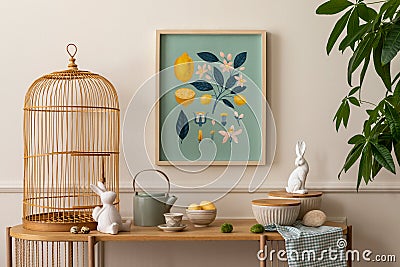 Cozy composition of easter living room interior with mock up poster frame, wooden sideboard, easter bunny, stylish bowl, wooden Stock Photo