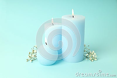 Cozy composition with scented candles for relaxation Stock Photo