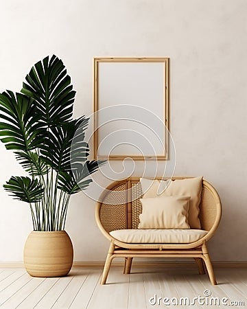 Cozy Corner: A Captivating Display of a Classic Wicker Chair and Lush Green Plant Stock Photo