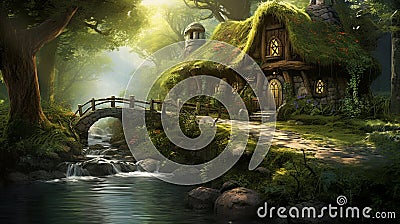 A cozy cottage covered in vines with a thatched roof and a babbling brook nearby. Stock Photo