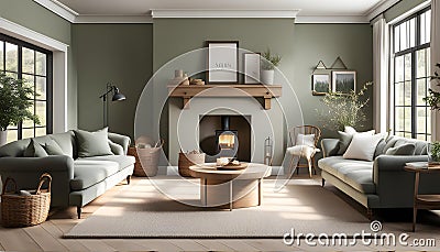 Cozy cottage interior, warm and cozy living room in the English countryside with sage light walls and fluffy gray sofas Cartoon Illustration