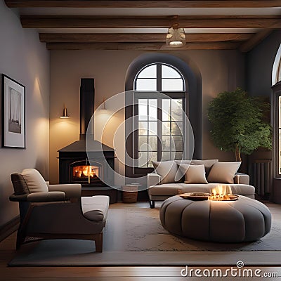 A cozy cottage living room with a roaring fireplace and overstuffed armchairs4 Stock Photo