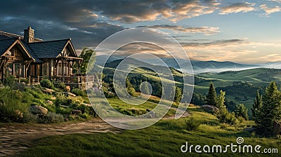 A cozy cottage nestled in the rolling hills Stock Photo