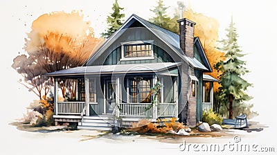 Cozy Cottage Watercolor Painting: Hyperrealistic Pencil Drawing Style Stock Photo