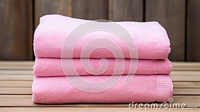 Cozy Cottagecore: Stacked Pink Fleece Blankets On Wooden Board Stock Photo