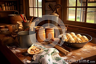 Freshly Baked Pies on Rustic Kitchen Table Stock Photo