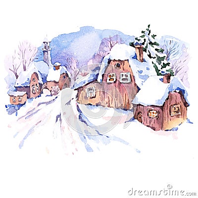Cozy countryside watercolor winter landscape Cartoon Illustration