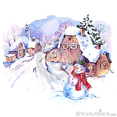 Cozy countryside watercolor winter landscape Cartoon Illustration