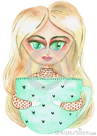 Cozy cup, hygge green cup, cute girl with green cup, template for postcard, stay home in cozy winter evening Stock Photo