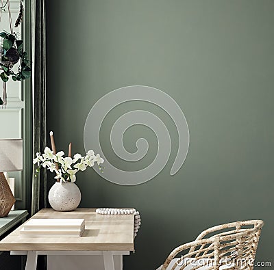 Cozy dark green workplace interior at home, wall mockup Stock Photo