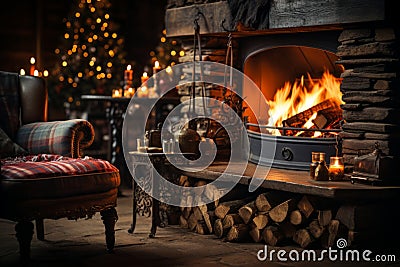 Cozy dark rustic living room with a fireplace, decorated for Christmas Stock Photo