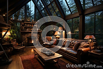 Cozy dark rustic living room with a fireplace on winter day Stock Photo