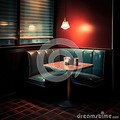 Cozy dimly lit diner with a small table and leather benches. Traditional style interior of a restaurant. Generative AI Stock Photo