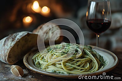 Cozy dinner setting with pesto pasta and red wine Stock Photo