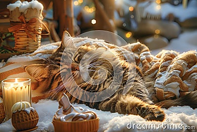 Cozy Domestic Tabby Cat Relaxing Beside Warm Candlelight and Seasonal Winter Decor on Soft Blanket Stock Photo