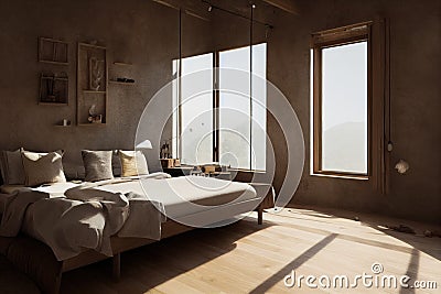 Cozy Earth Home Bedroom Interior with Plaster Walls and Hardwood Floors Stock Photo