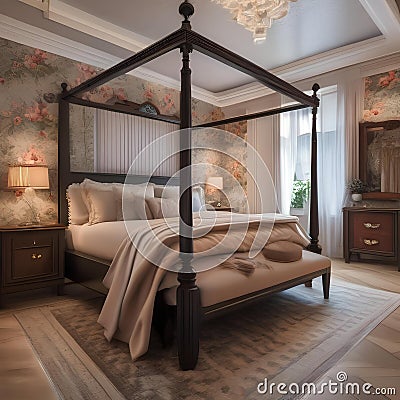 A cozy English cottage bedroom with floral wallpapers, a four-poster bed, and lace curtains1 Stock Photo