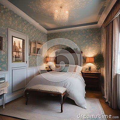 A cozy English cottage bedroom with floral wallpapers, a four-poster bed, and lace curtains4 Stock Photo