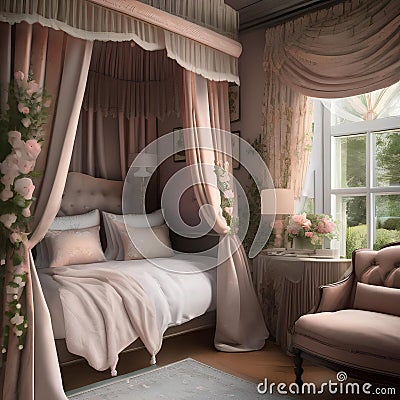 A cozy English cottage bedroom with floral wallpapers, a four-poster bed, and lace curtains2 Stock Photo