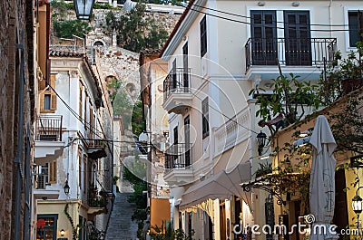 Cozy european street with houses and stairs in old town Nafplio Stock Photo