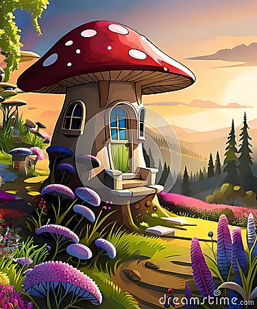 Cozy fairytale mushroom house with small garden Cartoon Illustration