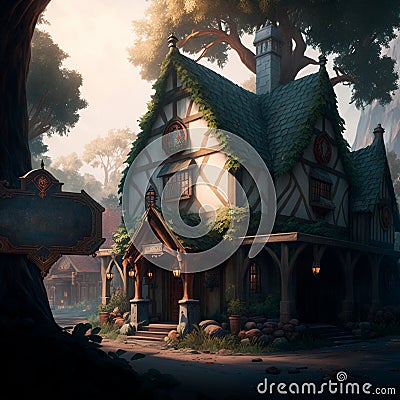 Cozy fairytale town in fantasy style Cartoon Illustration