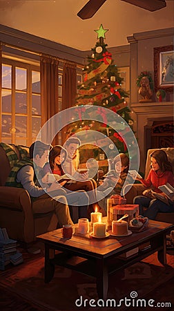 Cozy Family Christmas Celebration at Home with Gifts, Tree, and Fireplace Stock Photo