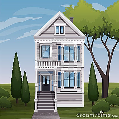 Cozy family house facade view. Vector Illustration