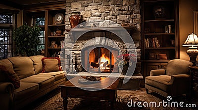cozy family room fireplace Cartoon Illustration