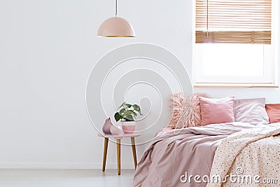 Cozy, feminine bedroom with pink bed, decorative cushions and pl Stock Photo