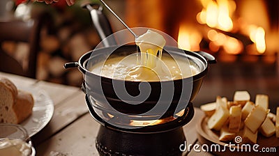 Cozy fondue pot over a flame, cheese stretching from dipper, inviting warmth with a fireplace in the background Stock Photo
