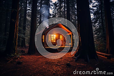 Cozy forest cabin with warm fireplace, rustic wooden exterior, nestled among tall trees Stock Photo