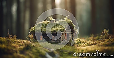 Cozy Forest Cottage with Moss and Bokeh. Perfect for Invitations and Posters. Stock Photo