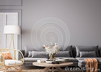 Cozy gray living room in Scandinavian boho design Stock Photo