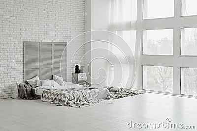 Cozy Grey Bedroom Interior Spacious Big Design Stock Photo