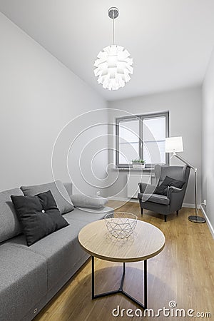 Cozy grey room with sofa Stock Photo