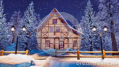 Cozy half-timbered house at snowfall winter night Cartoon Illustration