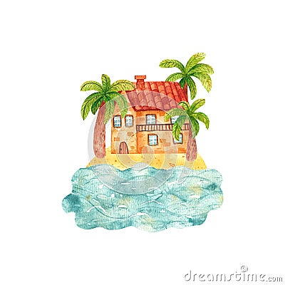 Cozy hand drawn cartoon watercolor house by the sea surrounded by palm trees. Beautiful brick mediterranean building on Stock Photo