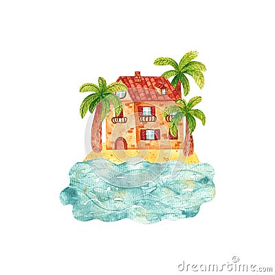 Cozy hand drawn cartoon watercolor house by the sea surrounded by palm trees. Beautiful brick mediterranean building on Stock Photo