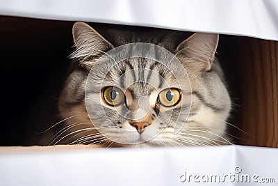 Cozy hideout Fold eared cats close up, half muzzle behind white cabinet Stock Photo