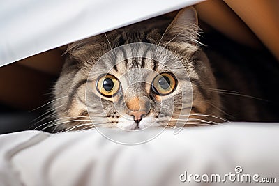 Cozy hideout Fold eared cats close up, half muzzle behind white cabinet Stock Photo