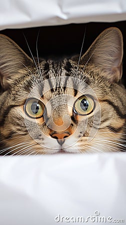 Cozy hideout Fold eared cats close up, half muzzle behind white cabinet Stock Photo