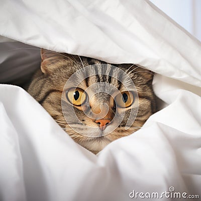 Cozy hideout Fold eared cats close up, half muzzle behind white cabinet Stock Photo