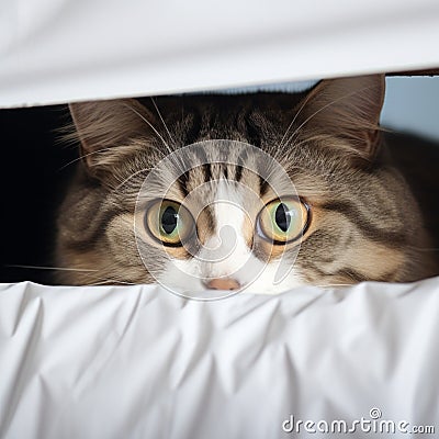 Cozy hideout Fold eared cats close up, half muzzle behind white cabinet Stock Photo