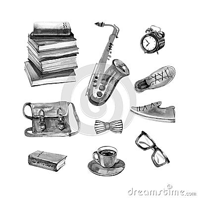 Cozy hipster objects by watercolor - black on white background. saxophone, sneakers, watches, glasses, tie, bag, books Cartoon Illustration