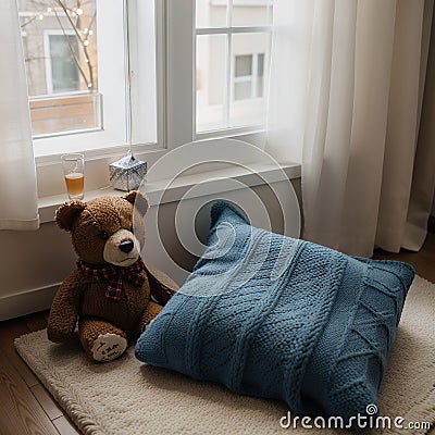 Cozy holidays at home. Cute little lying under blue knitted blanket with teddy bear on floor at window reading book. Winter season Stock Photo